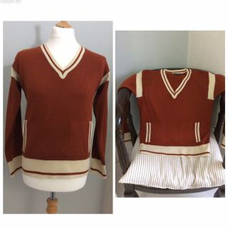 Mens 70s V Neck Sweater/ Jumper Brown & Cream Casual Soul True Vintage.