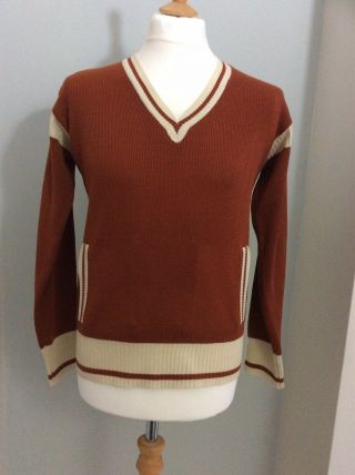Mens 70s V Neck Sweater/ Jumper Brown & Cream Casual Soul True Vintage. 2