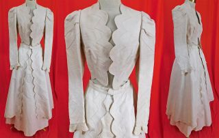 Victorian White Cotton Pique Waffle Cloth Weave Walking Suit Jacket Bustle Skirt