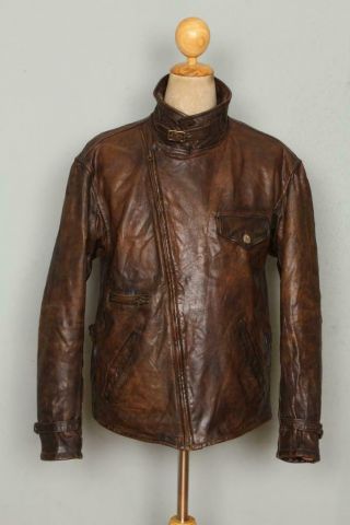 Vtg Ralph Lauren 40s Style Half Belt Leather Sports Motorcycle Jacket Xl