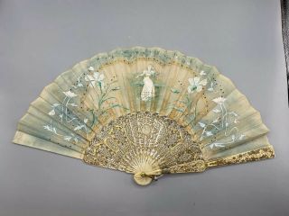 French 1800 Victorian Silk Hand Fan Bone Ivory Carved Sticks