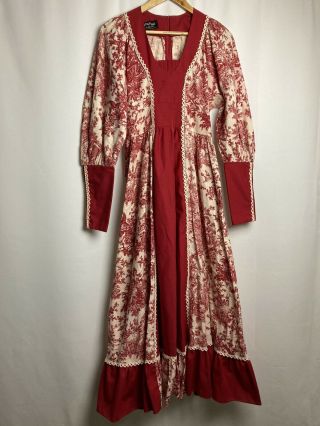 70s Gunne Sax Dress Rare Black Label Red Toile Print Boho Prairie Sz M