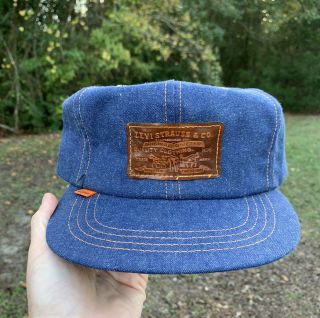 Vintage 70s Levi’s Orange Tab Leather Strapback Denim Trucker Hat Usa Rare