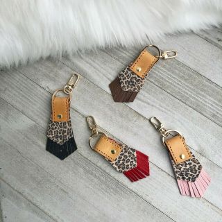 Leather Tassel Keychain Bag Charm Recycled Vintage Vachetta Cheetah Handmade
