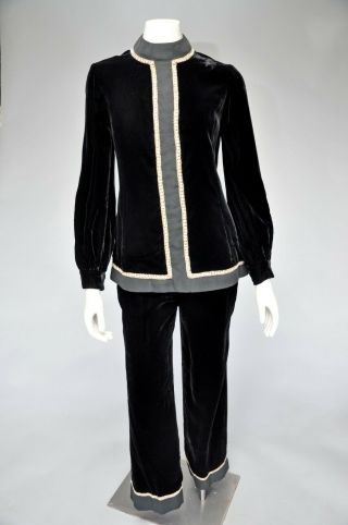 Vtg 60s 1960s Black Silk Velvet Mod Pant Suit Tunic Rhinestones Malcolm Starr S