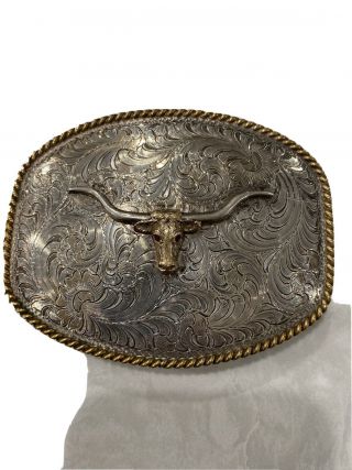 Vintage Silverado Sterling Silver & 10k Gold Cowboy Longhorn Belt Buckle Western