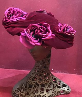 Vintage 40’s 50’s Hat / Roses Velvet Evening Lilly Dache Bordeaux Velvet