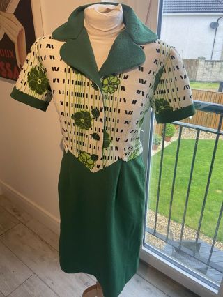 Vintage 60’s Green Psychedelic Floral Scooter Mod Shift Dress U.  K.  12/14 Medium