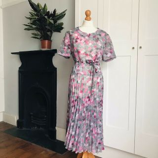 Vintage 70s 80s Grey Pink Abstract Circle Print Long Pleated Tie Belt Dress 16