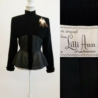 Lilli Ann Vintage 1940s 50s Peplum Black Jacket Ermine Fur Pin Euc Velvet