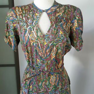 1940s Vintage Rayon Paisley Belted Dress With Huge Padded Shoulders And Sequins