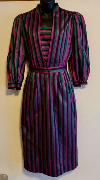 Vintage Peuan Thai Studio Canberra Australia 100 Silk Stripe Dress Size 8