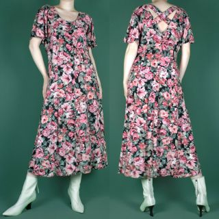 Vintage 80s 90s Grunge Midi Pink Green Black Floral Tea Strap Pattern Dress M 12