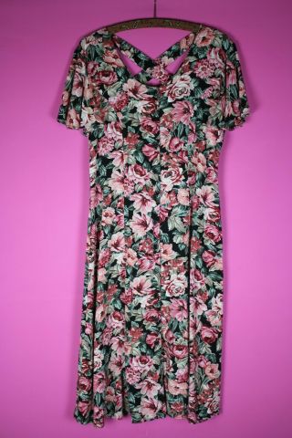 VINTAGE 80s 90s Grunge Midi Pink Green Black Floral Tea Strap Pattern Dress M 12 2