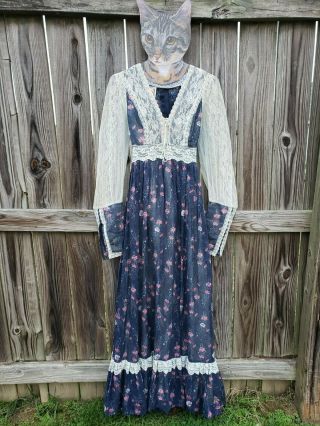 Vintage Gunne Sax Blue Floral Dress Size 11 Lace 70 