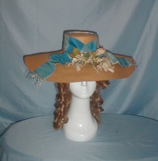 Antique Hat Victorian 1860;s Wide Brim Straw Hat Ribbon And Floral Trim