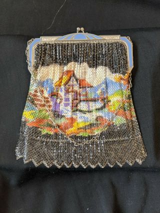 Vintage Whiting Davis Mesh Purse Scenic Cottage Art Dec Flapper Handbag 1920s