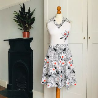 Vtg 70s White Black Orange Floral Print Sleeveless Dagger Collar Summer Dress 8