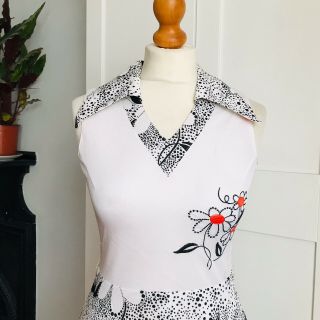 Vtg 70s White Black Orange Floral Print Sleeveless Dagger Collar Summer Dress 8 2