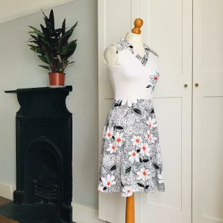 Vtg 70s White Black Orange Floral Print Sleeveless Dagger Collar Summer Dress 8 3