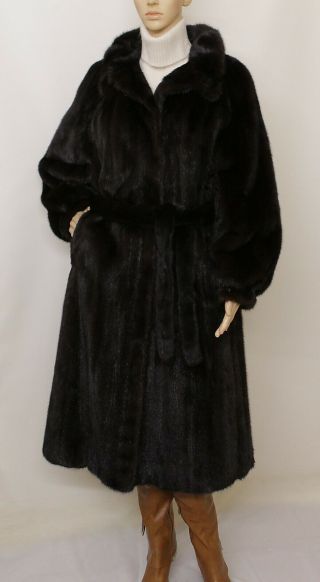 Real Mink Fur Saga Nearly Black Mahogany Belt Long Coat Swing 10 - 16 Uk / Xl