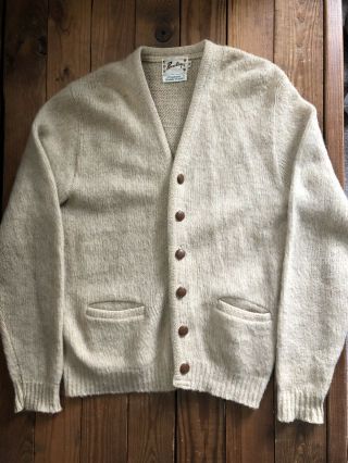 Vintage 50s 60s Barclay Tan Beige Mohair Cardigan Sweater Kurt Cobain Size M