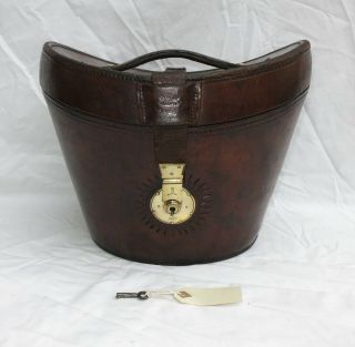 Antique Leather Top Hat Box Hatbox Bucket,  Key - B.  Finnigans Manchester