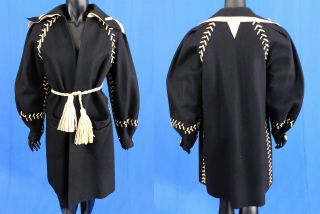 Vintage 1940s Black White Whip Stitch Lacing Trim Felt Belted Bishop Sleeve Coat