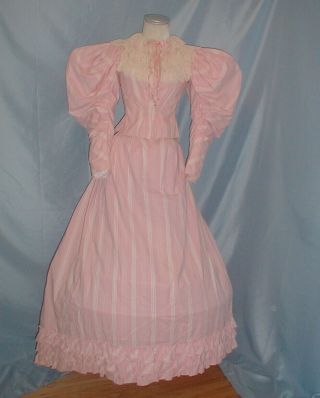 Antique Dress Victorian 1890 Pink And White Stripe Cotton Leg Of Mutton Sleeve