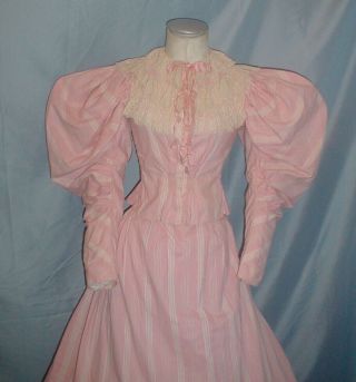 Antique Dress Victorian 1890 Pink and White Stripe Cotton Leg of Mutton Sleeve 2