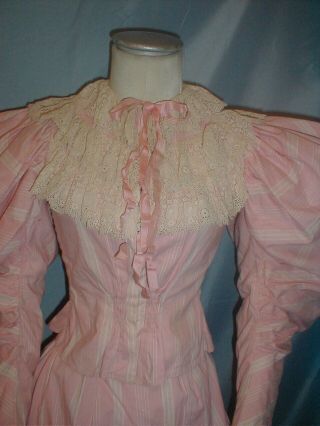 Antique Dress Victorian 1890 Pink and White Stripe Cotton Leg of Mutton Sleeve 3
