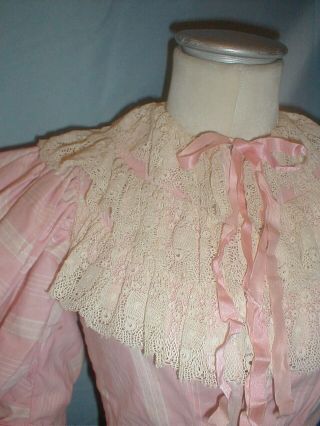 Antique Dress Victorian 1890 Pink and White Stripe Cotton Leg of Mutton Sleeve 4