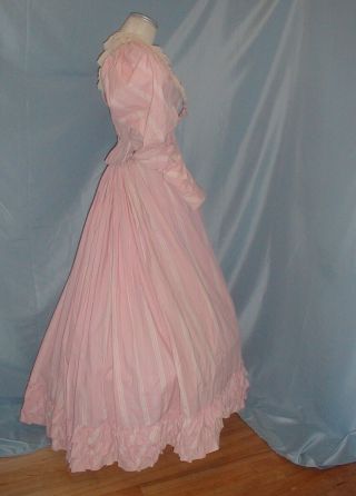 Antique Dress Victorian 1890 Pink and White Stripe Cotton Leg of Mutton Sleeve 5