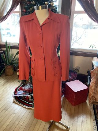 Vintage 40s Suit Coat Jacket Skirt Valentines Day Red Gabardine Ratched 3 Piece