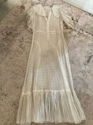 Vintage 1930s Sheer White Embroidered Organza Dress Spring Summer Art Deco 30s