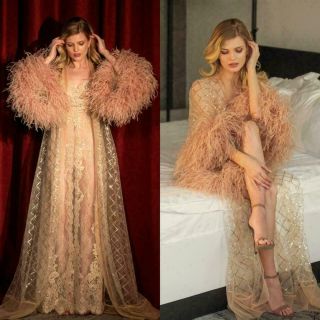 Lllusion 2pieces Night Robe Feathers Party Sleepwear Nightgowns Robes With Belt