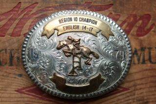 Vtg Wage Sterling Silver Cowboy Rodeo English 14 - 17 Champion Trophy Belt Buckle