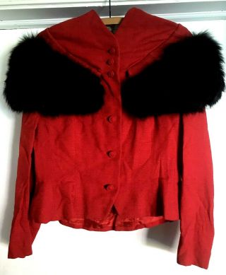 Lilli Ann Peplum 1940s Real Black Fox Red Silk Featherweight Blazer Jacket M L
