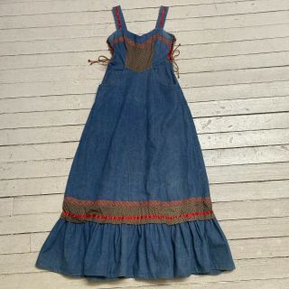 Vtg 1980s Gunne Sax Denim Calico Maxi Sweetheart Neck Boho Peasant Dress Xs Sm