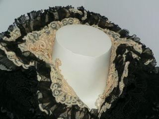Antique 1890s Black Silk Velvet Cape with Lace Soutache and Ruffles 3