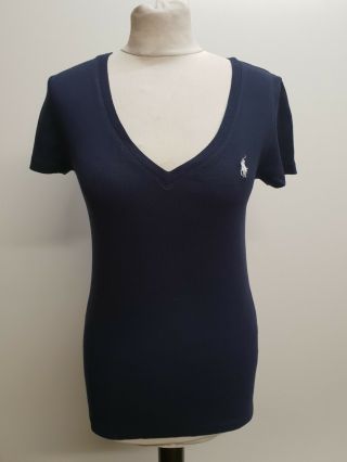 I738 Womens Ralph Lauren Blue Cotton V Neck S/sleeve T - Shirt Uk M 10