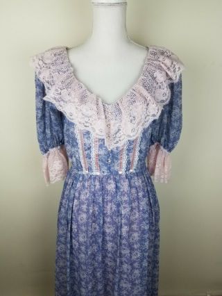 Vtg Gunne Sax By Jessica Maxi Prairie Dress Cottage Blue Floral Pink Lace Sz 11