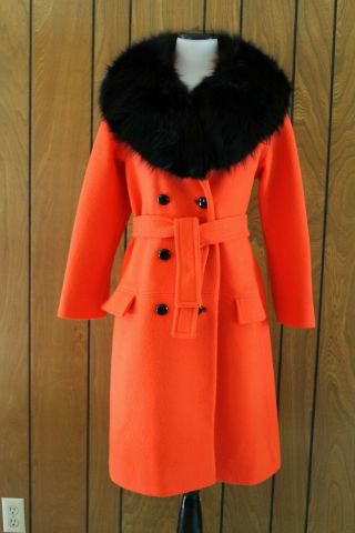 Vtg 1960s Lilli Ann Wool Coat Bright Orange Retro Mod Black Fur Collar Sz M/l