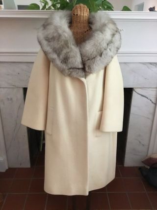 Vintage Lilly Ann Cream Wool Coat Blue Fox Collar M/l