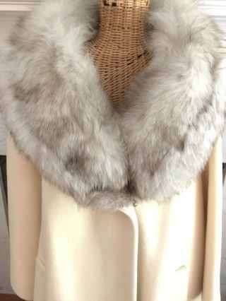 Vintage Lilly Ann cream Wool Coat Blue Fox Collar M/L 5