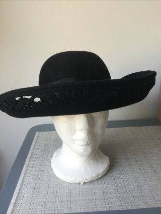 Vintage Laura Ashley Black Wool Felt Hat With Cut Out Detail To Brim