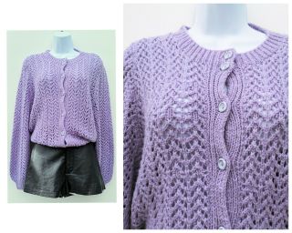 Vintage 70s 80s Light Purple Lace Pattern Knit Cardigan 12 14 M Landgirl Ww2