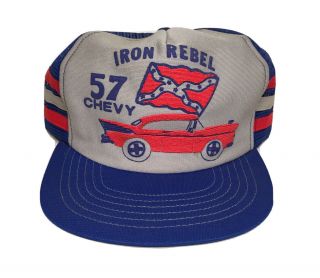 Vintage 57 Chevy Iron Rebel 3 Stripe Flag Usa Made Snapback Mesh Hat Ships Fast