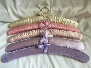 Vintage Set Of 6 Lilac Cream Pink Satin Padded Hangers