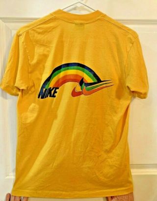 Rare Vintage 80s Nike Blue Tag Rainbow Swoosh T - Shirt Yellow Large